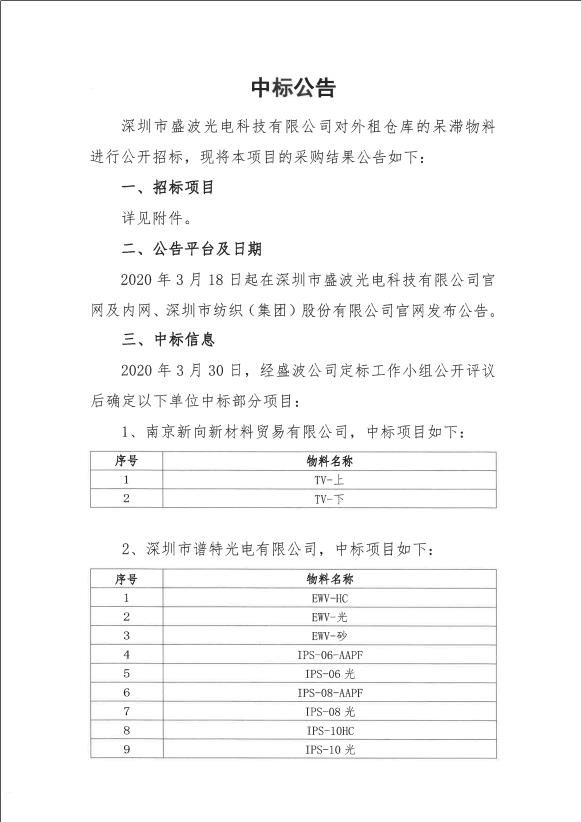 盛波公司中标公告-老坑仓库物料